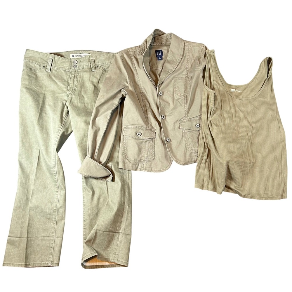 Vintage GAP Womens Khaki Utility Jacket Pant Ribbed Tank Suit Set Size 12 XL Y2K